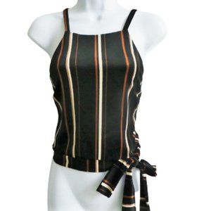 Lush Velvet Striped Halter Top Side Bow Tie Black Brown Ivory Back V Strap L